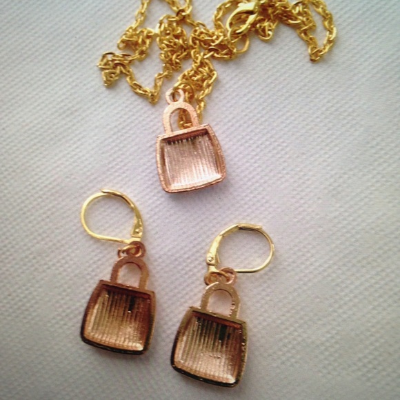 Pink Plaid Enamel Purse Necklace and Earrings Set - Picture 6 of 6